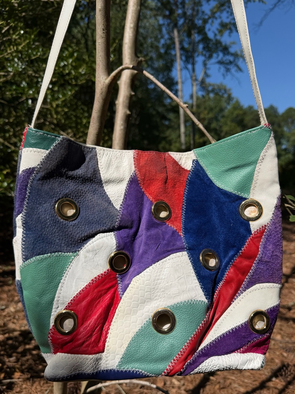 Colorblock Leather Shoulder Bag in White, Red, Blue & Green Brass Accents